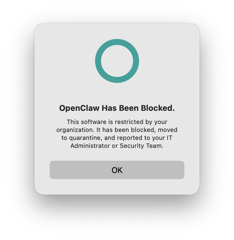 macOS block prompt shown when the OpenClaw companion app is prevented by Jamf Protect