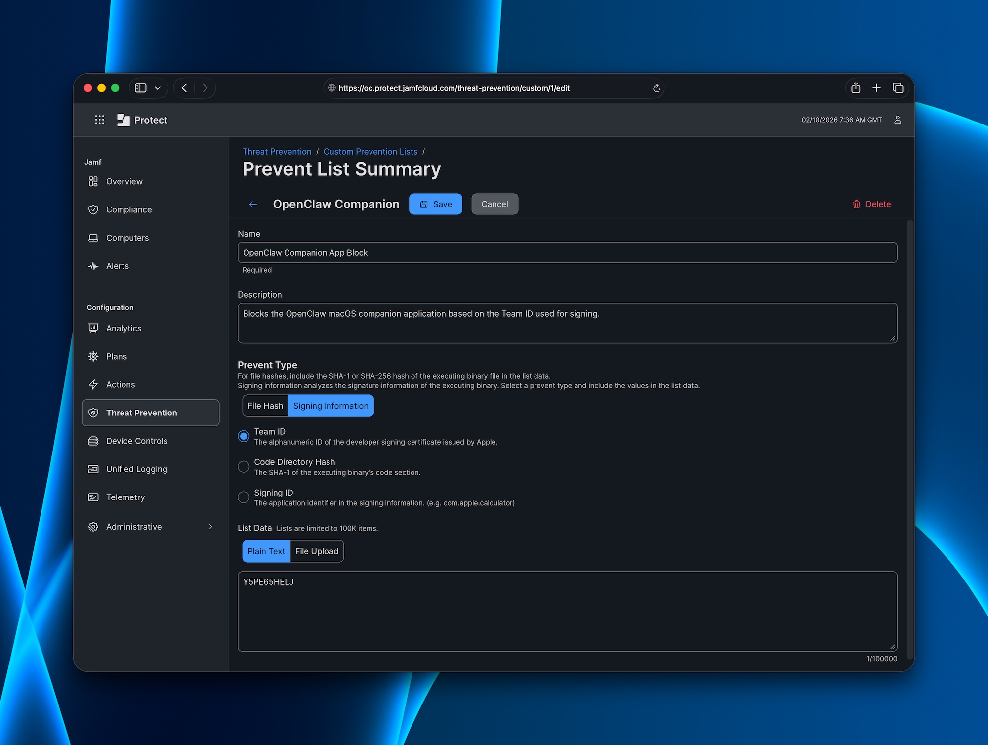 Jamf Protect Custom Prevent Lists configuration panel