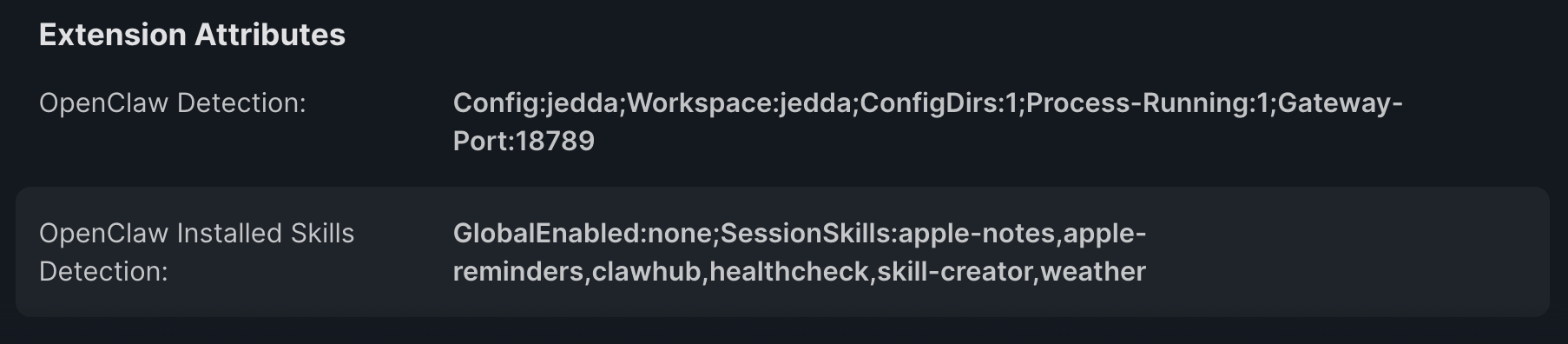 Jamf Pro Extension Attribute results showing OpenClaw detection details, gateway status, and installed skills