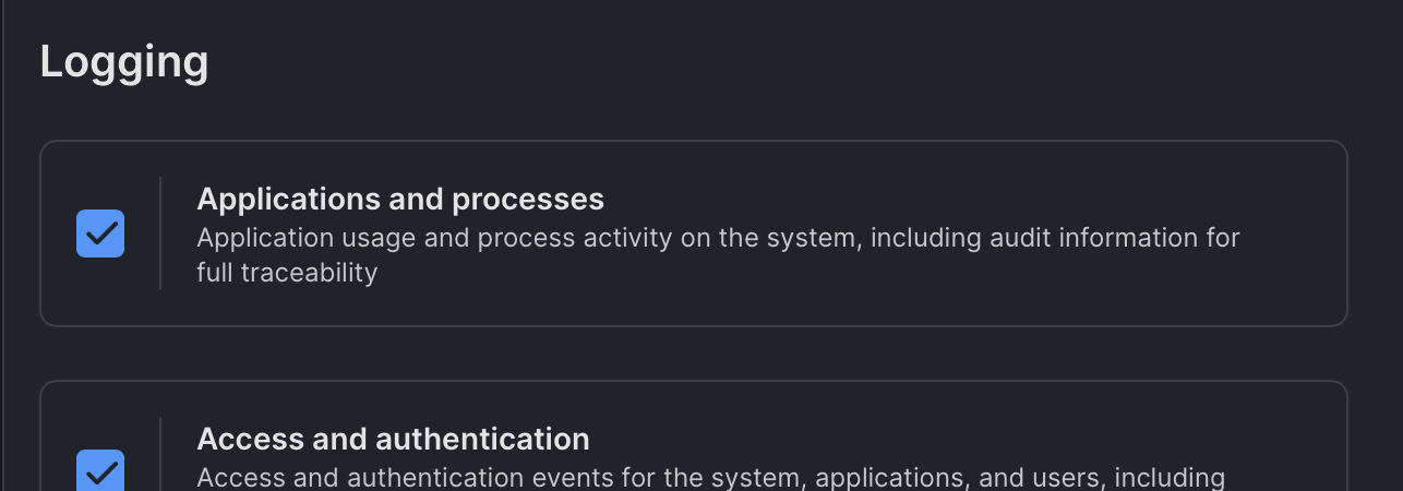 Jamf Protect telemetry set configuration showing "Applications and processes" log collection option